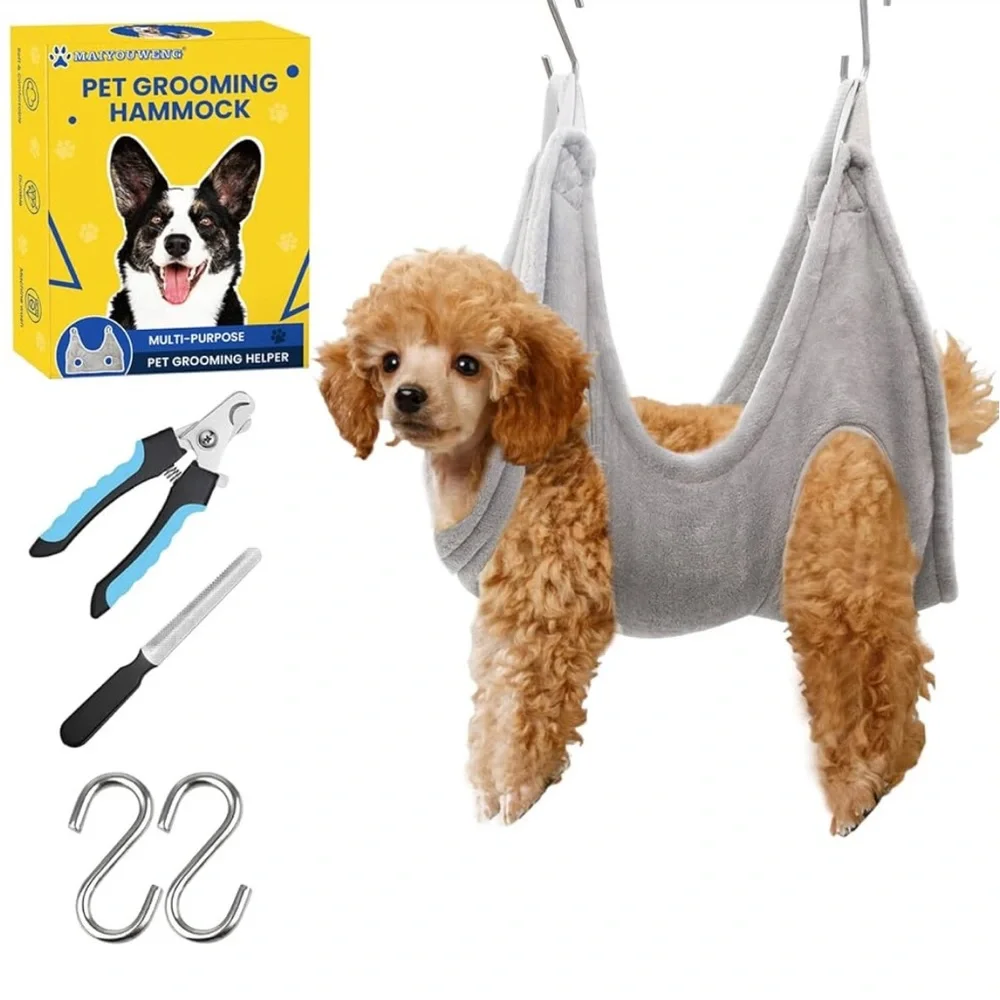 Gray Pet Grooming Hammock Set with Clippers